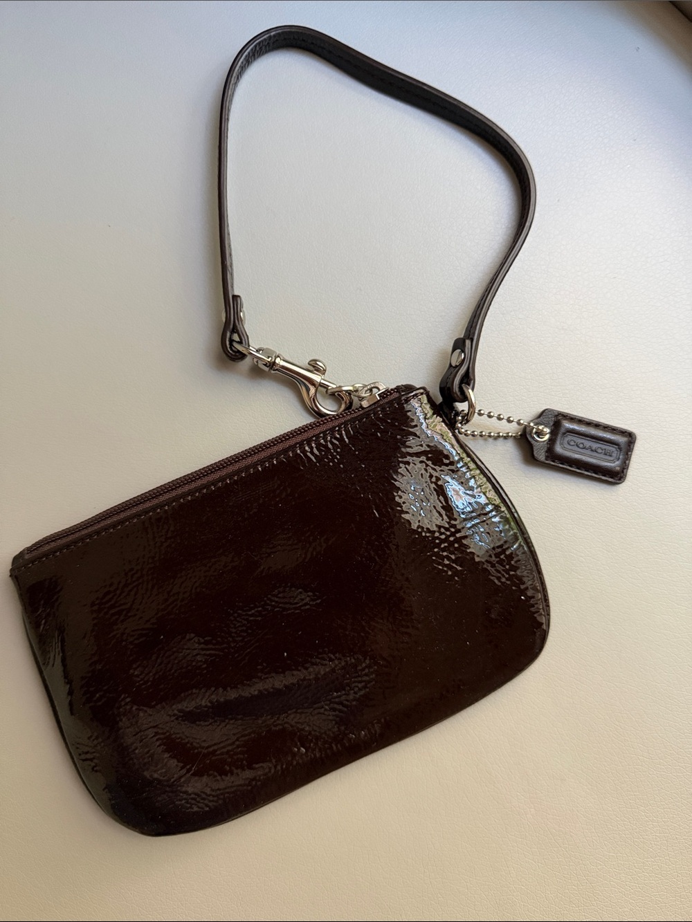 Coach Dark Brown Patent Leather Wristlet with Logo Tag